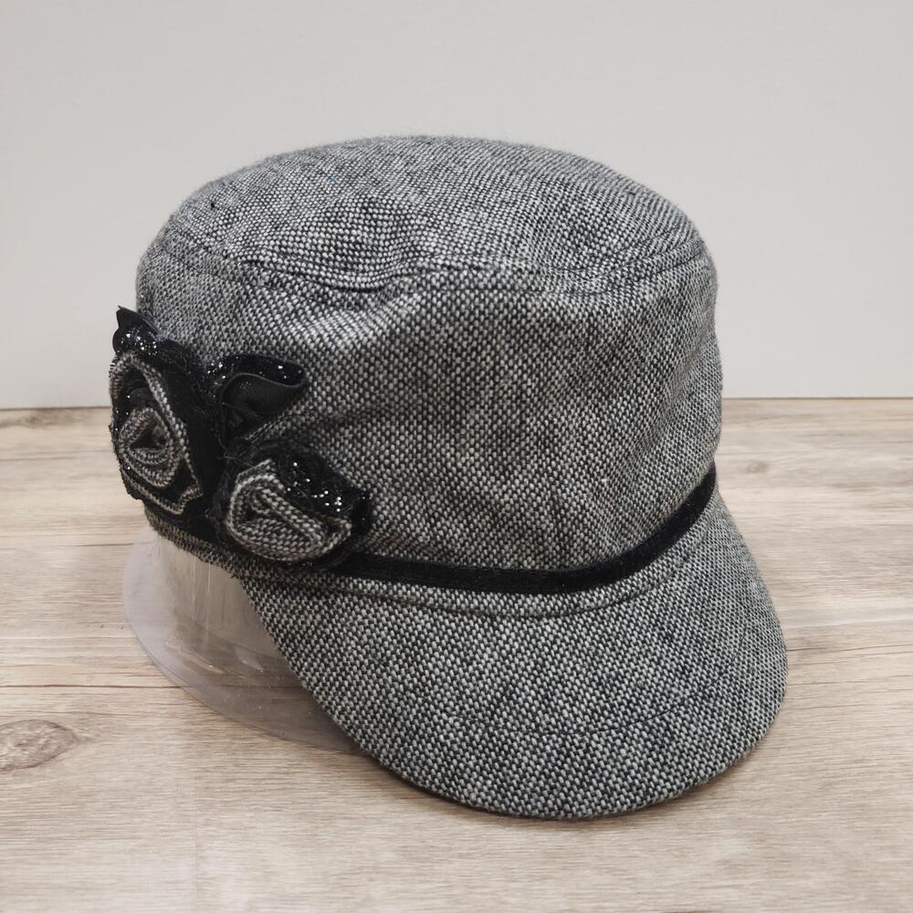 Kate Landry Hat Cap Fitted Womens 7 1/8 Gray Tweed Rose Sequin Cadet Lined